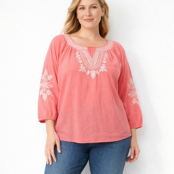 Talbots Tops - Talbots Plus Embroidered Peasant Top Coral Boho Womens 1X Blouse 3/4 Sleeve